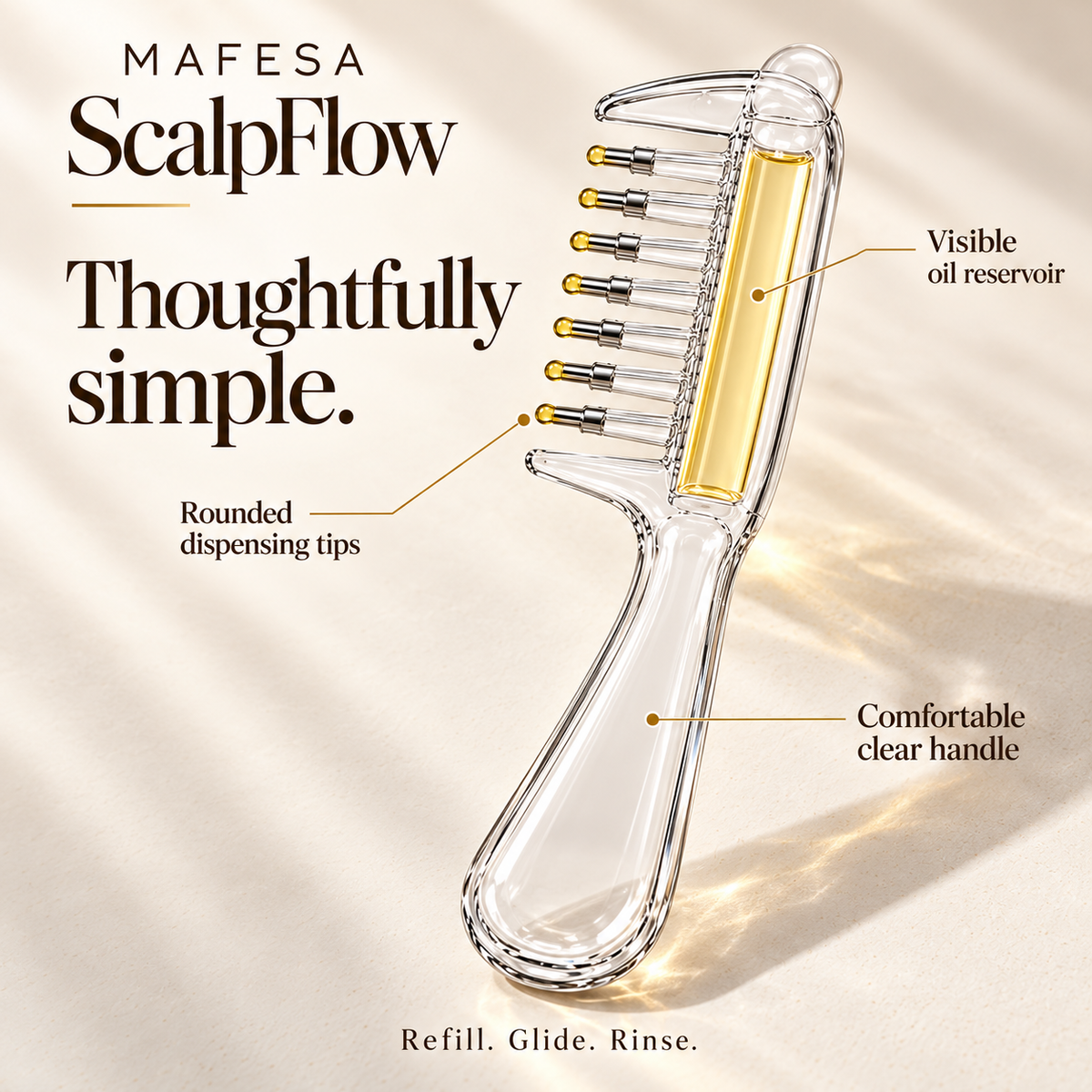 ScalpFlow comb design showing its visible oil reservoir, seven rounded dispensing tips and clear handle