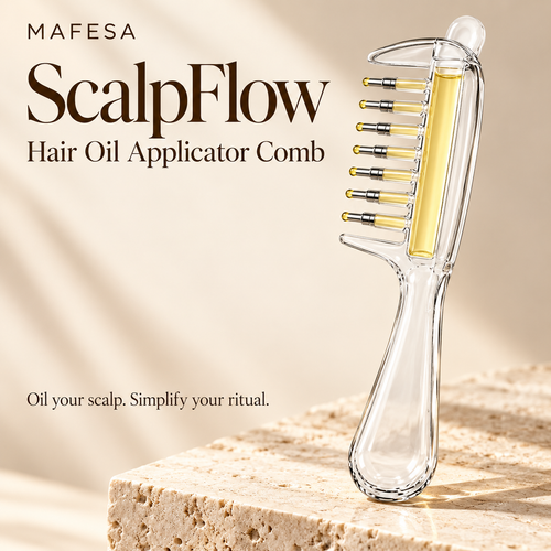 Mafesa ScalpFlow hair oil applicator comb with clear reservoir and rounded dispensing tips on an ivory stone plinth