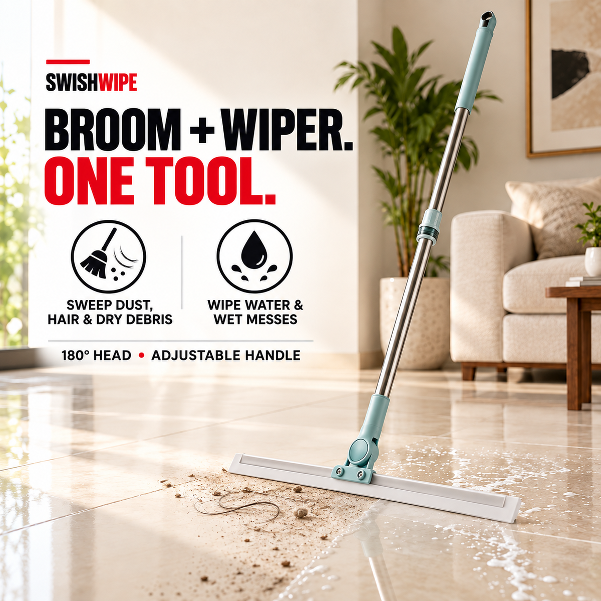 SwishWipe 2-in-1 broom and wiper for dust, hair and water